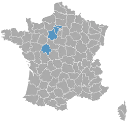 Carte de la France avec les département des Yvelines et de l'Eure-et-Loir mis en évidence.